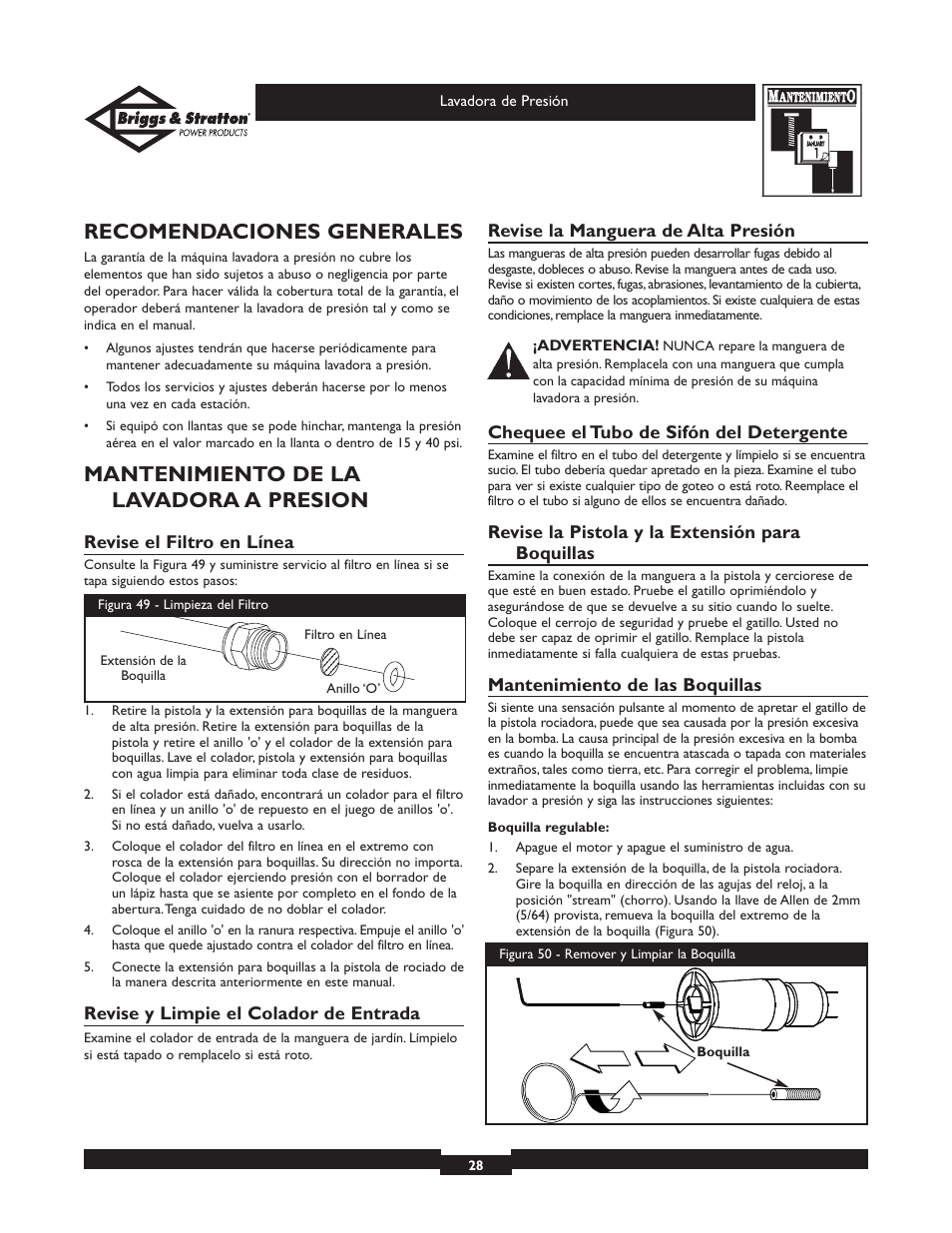Recomendaciones generales, Mantenimiento de la lavadora a presion | Briggs & Stratton 01806 User Manual | Page 28 / 36
