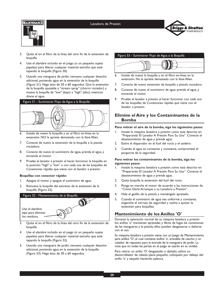 Elimine el aire y los contaminantes de la bomba, Mantenimiento de los anillos 'o | Briggs & Stratton 01806 User Manual | Page 29 / 36