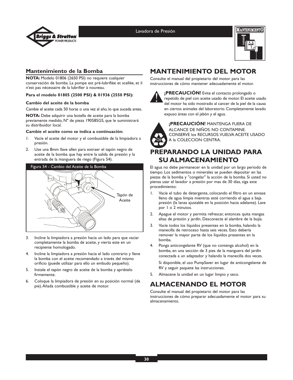 Mantenimiento del motor, Preparando la unidad para su almacenamiento, Almacenando el motor | Briggs & Stratton 01806 User Manual | Page 30 / 36