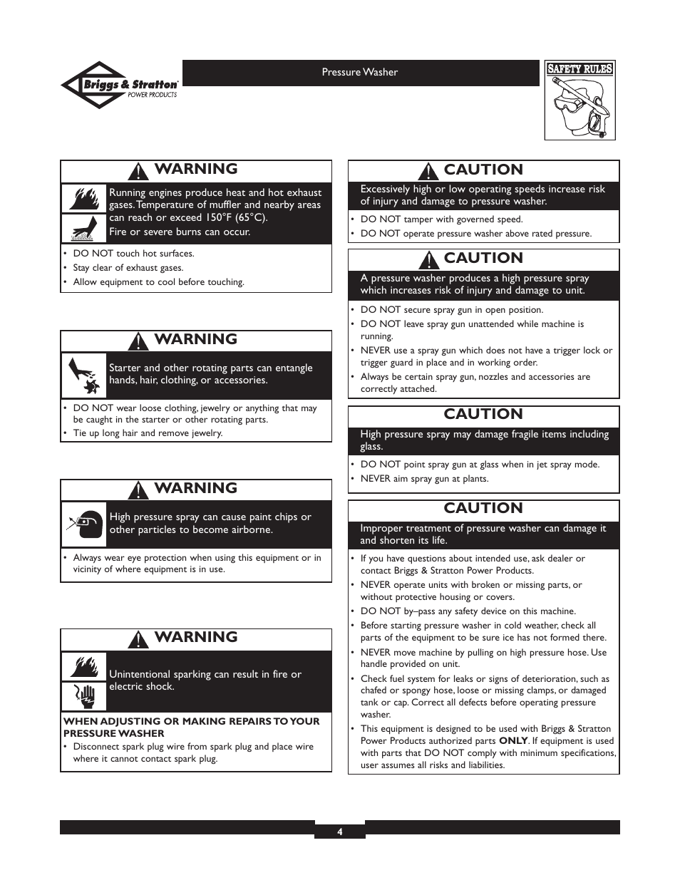 Caution, Warning | Briggs & Stratton 01806 User Manual | Page 4 / 36