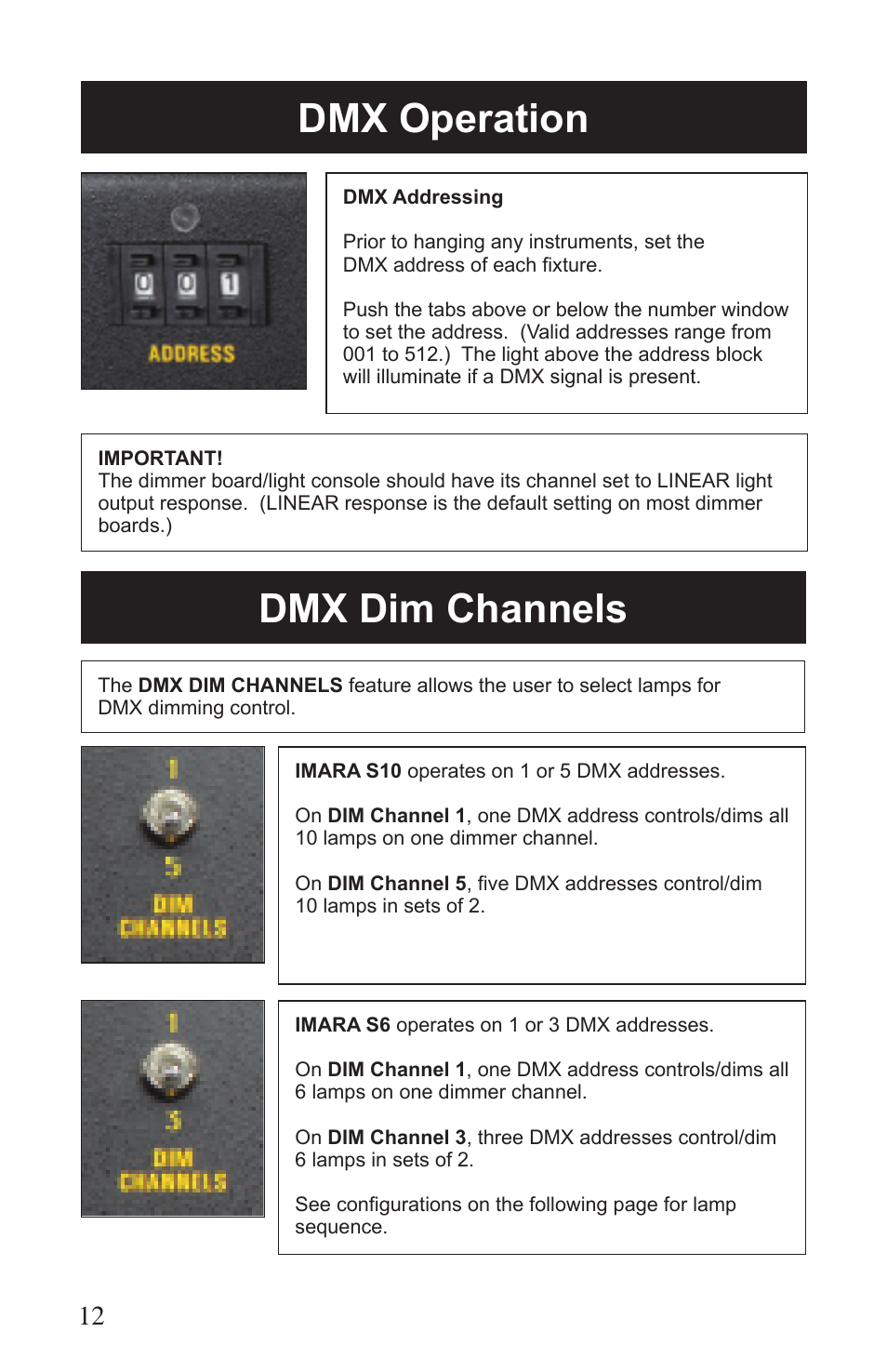 Dmx operation, Dmx dim channels | Kino Flo Imara S10/S6 DMX User Manual | Page 12 / 20