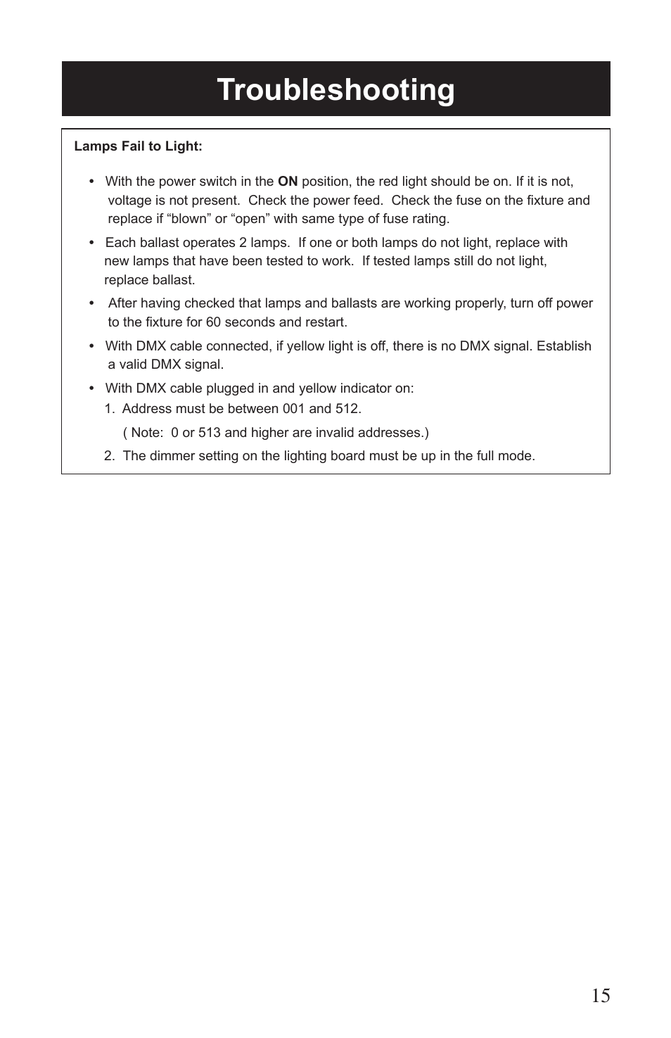 Troubleshooting | Kino Flo Imara S10/S6 DMX User Manual | Page 15 / 20