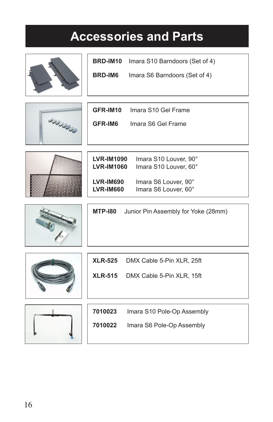 Accessories and parts | Kino Flo Imara S10/S6 DMX User Manual | Page 16 / 20