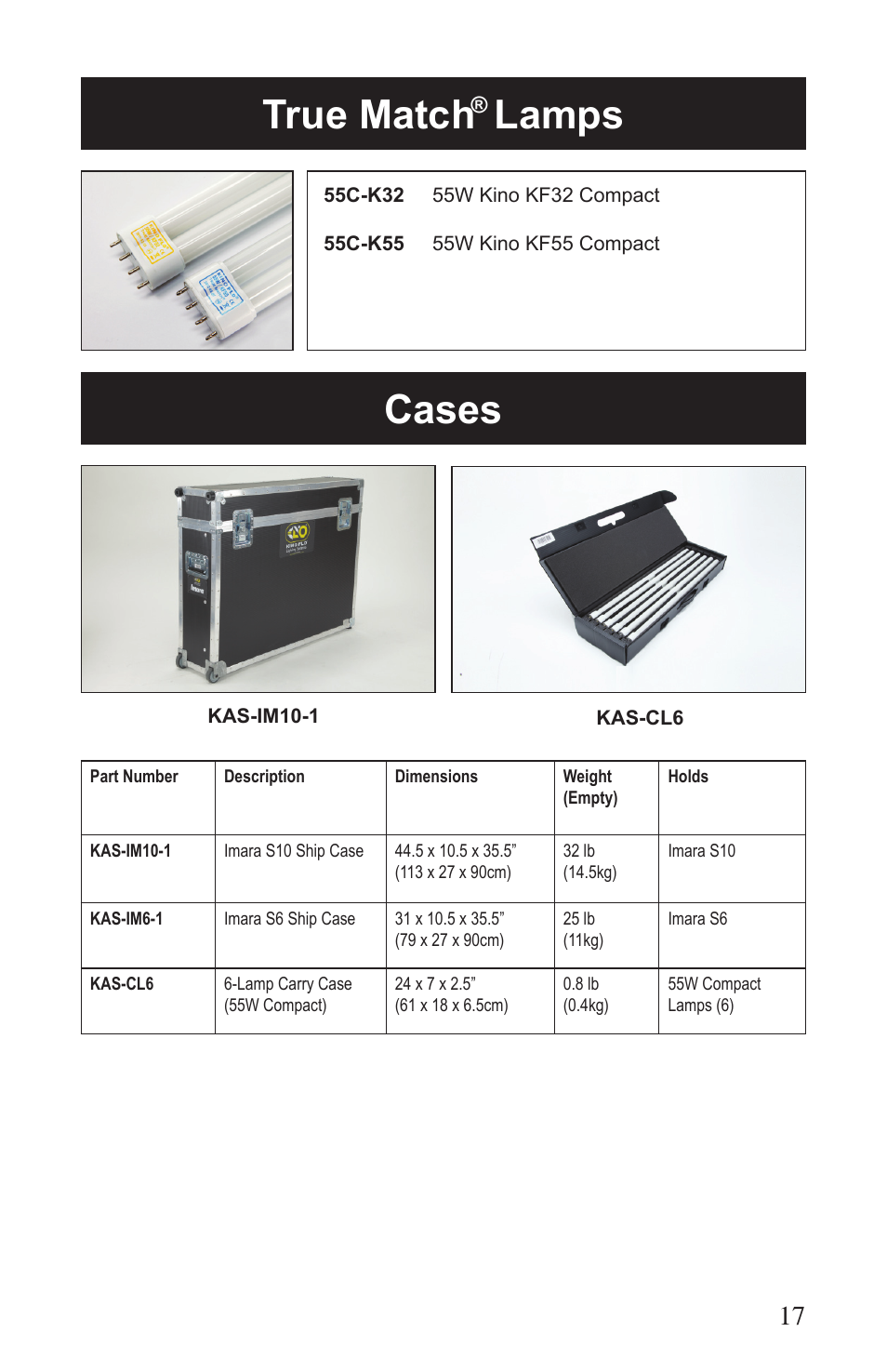 Cases, True match, Lamps | Kino Flo Imara S10/S6 DMX User Manual | Page 17 / 20