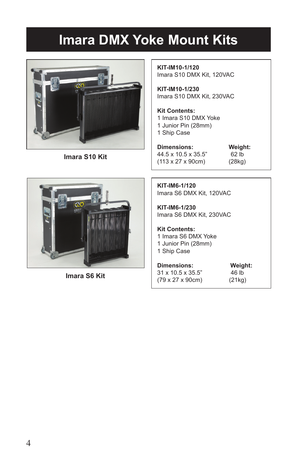 Imara dmx yoke mount kits | Kino Flo Imara S10/S6 DMX User Manual | Page 4 / 20