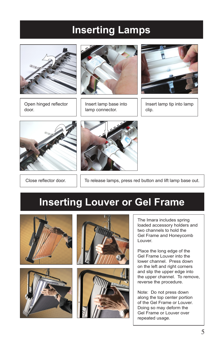 Inserting louver or gel frame, Inserting lamps | Kino Flo Imara S10/S6 DMX User Manual | Page 5 / 20