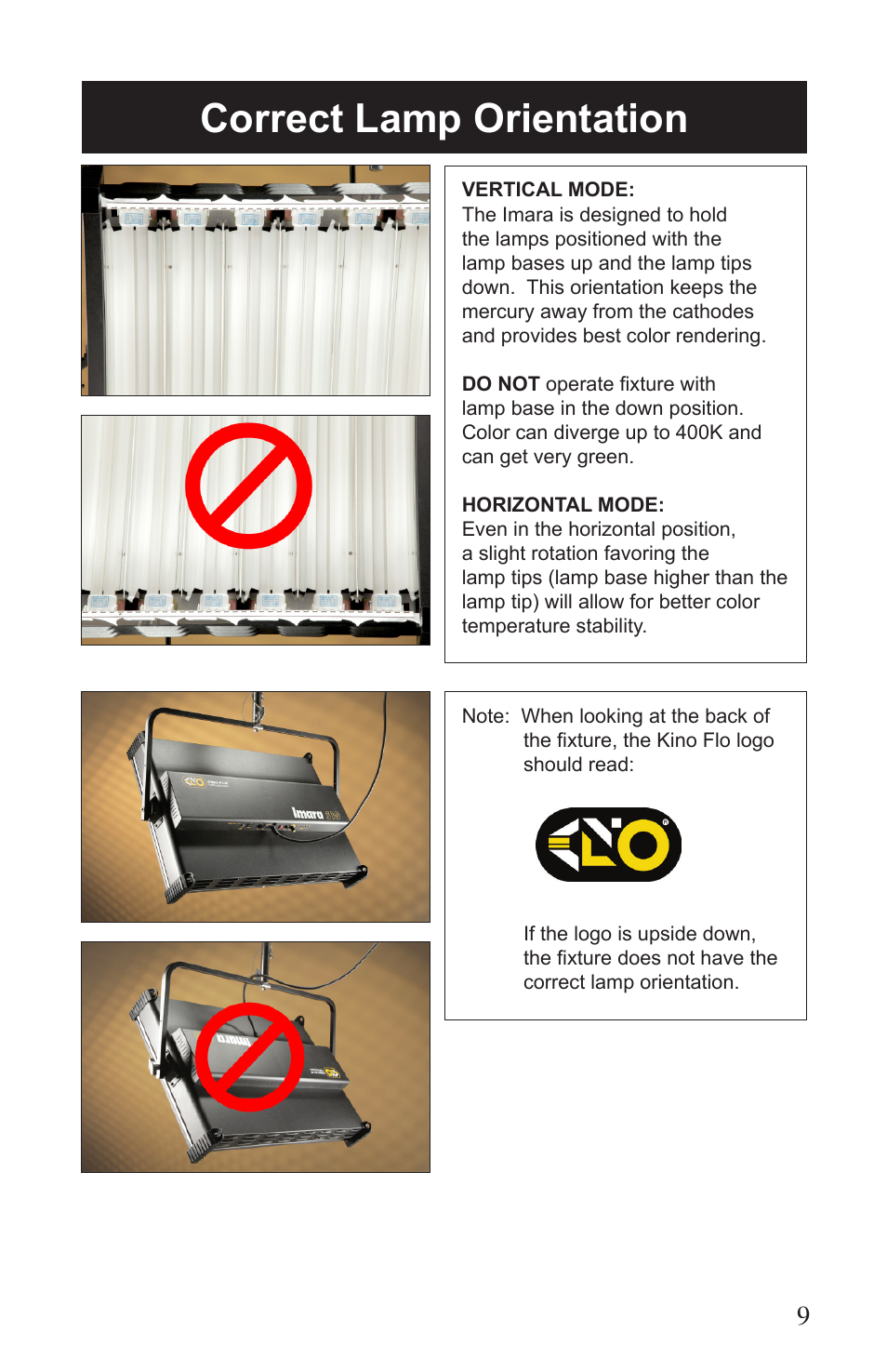 Correct lamp orientation | Kino Flo Imara S10/S6 DMX User Manual | Page 9 / 20