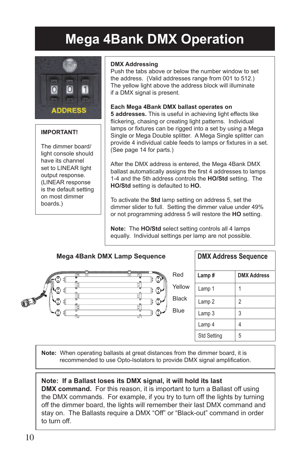 Mega 4bank dmx operation, Dmx address sequence | Kino Flo Mega 4Bank DMX (BAL-455M) User Manual | Page 10 / 16