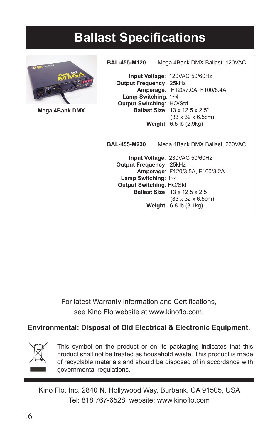 Ballast specifications | Kino Flo Mega 4Bank DMX (BAL-455M) User Manual | Page 16 / 16