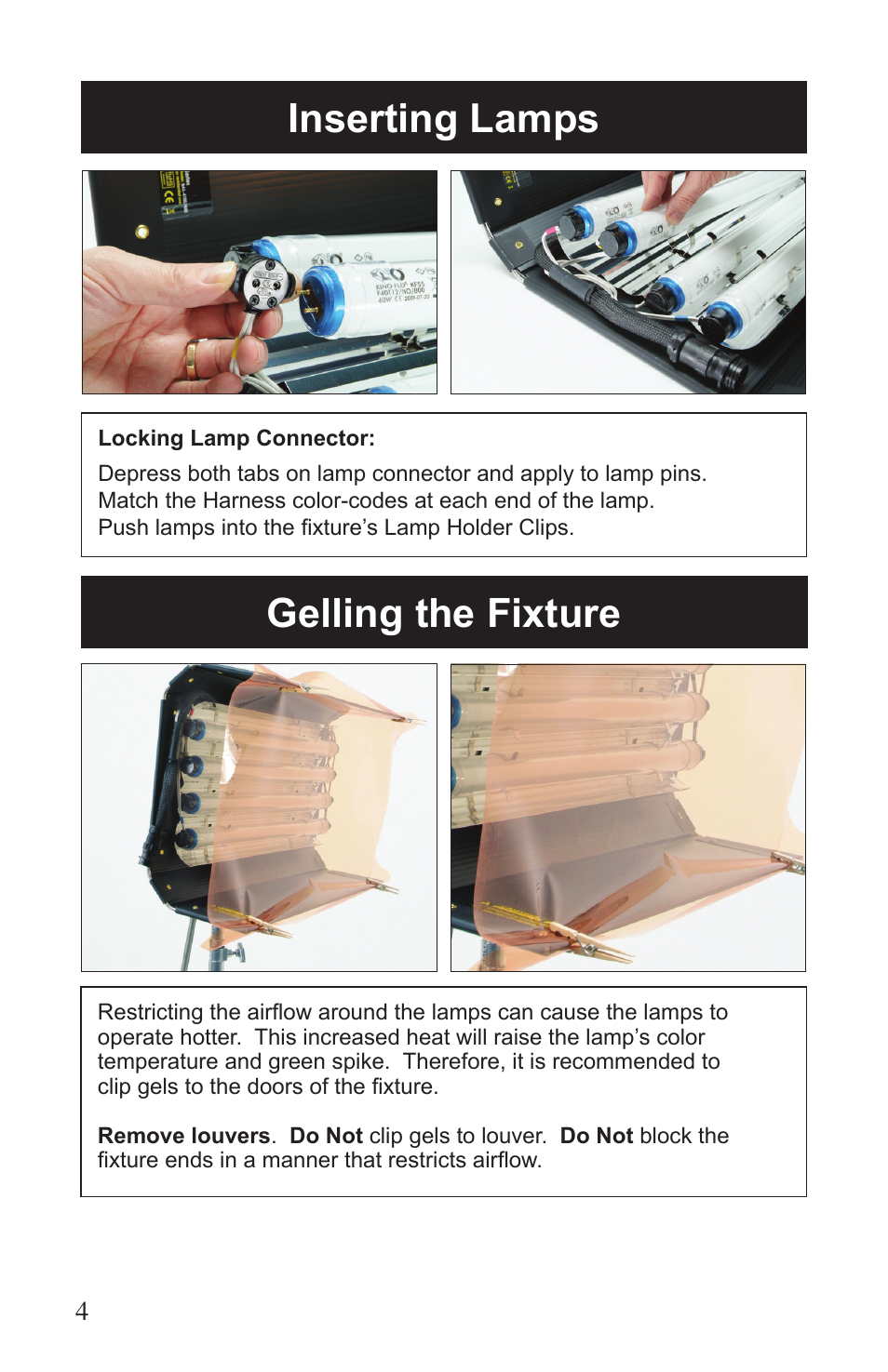 Inserting lamps gelling the fixture | Kino Flo Mega 4Bank DMX (BAL-455M) User Manual | Page 4 / 16