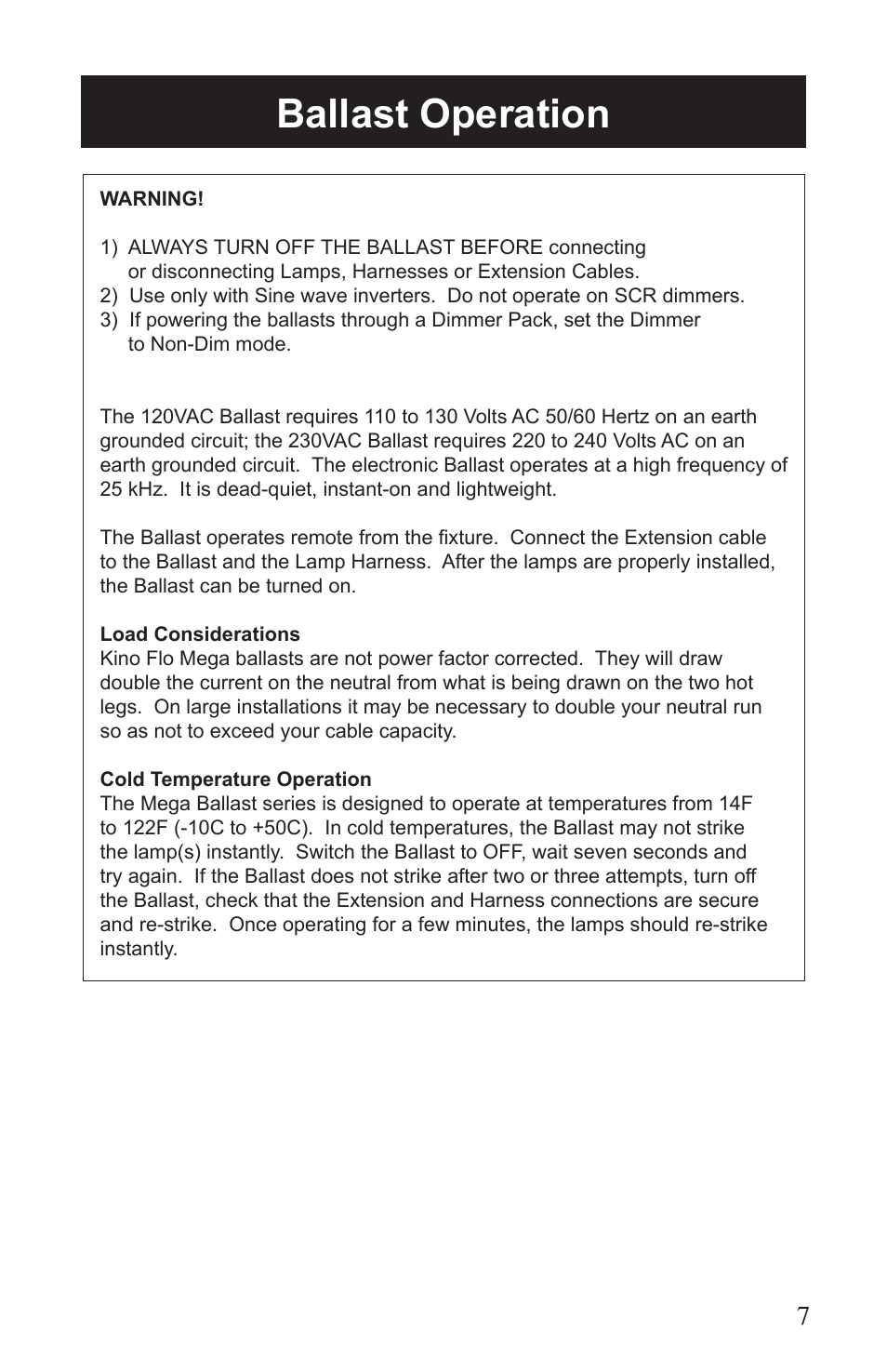 Ballast operation | Kino Flo Mega 4Bank DMX (BAL-455M) User Manual | Page 7 / 16