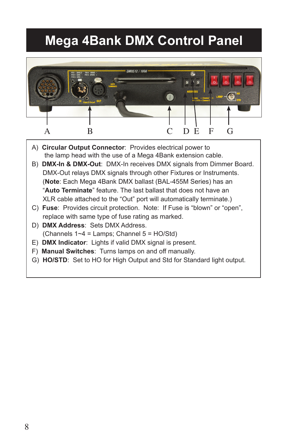 Mega 4bank dmx control panel | Kino Flo Mega 4Bank DMX (BAL-455M) User Manual | Page 8 / 16