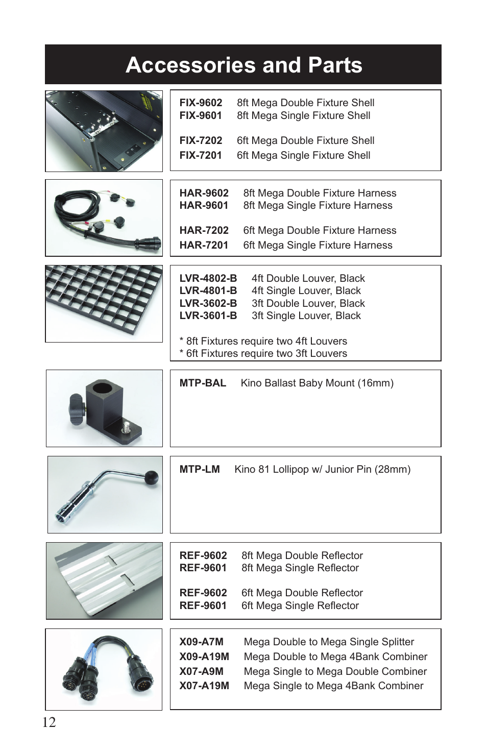 Accessories and parts | Kino Flo Mega Single User Manual | Page 12 / 16