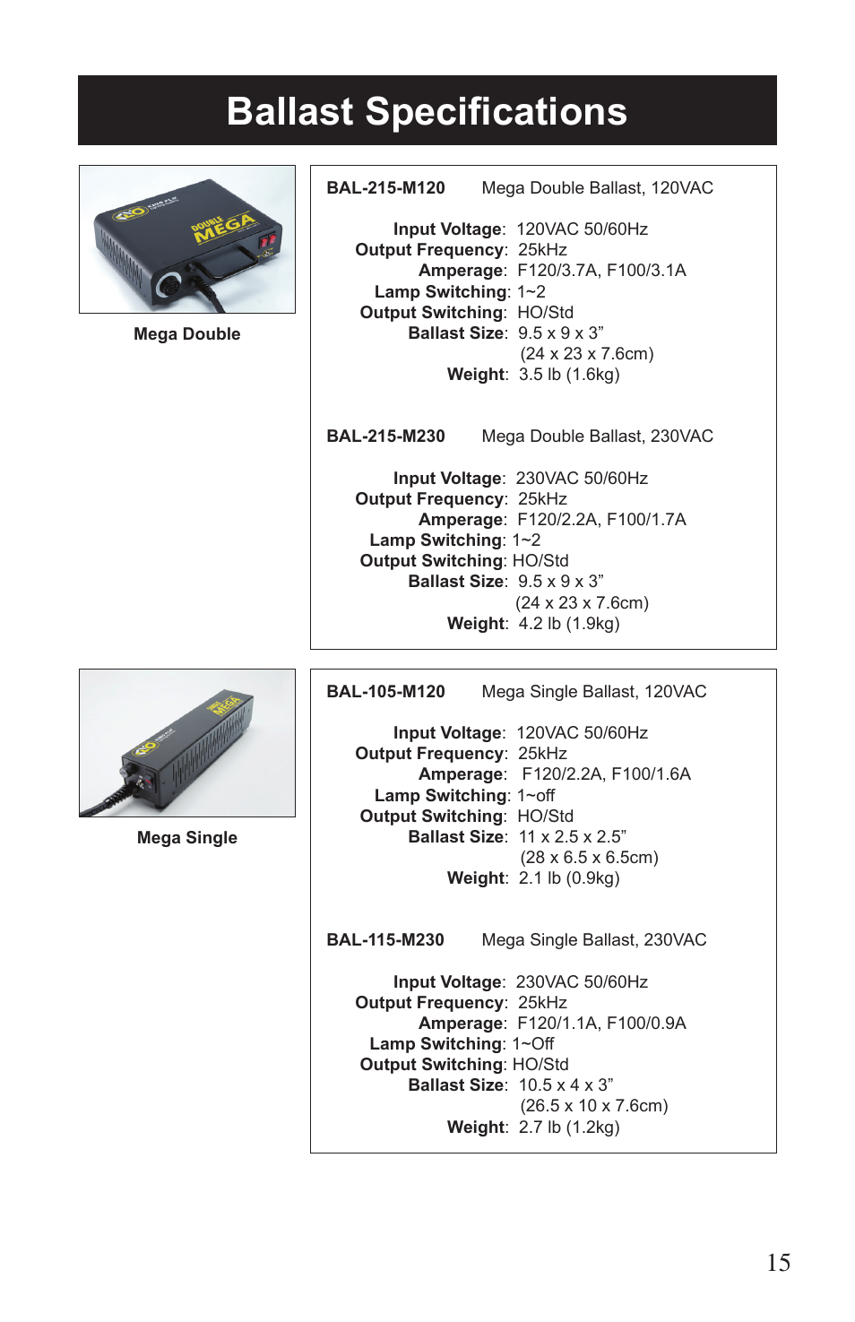 Ballast specifications | Kino Flo Mega Single User Manual | Page 15 / 16