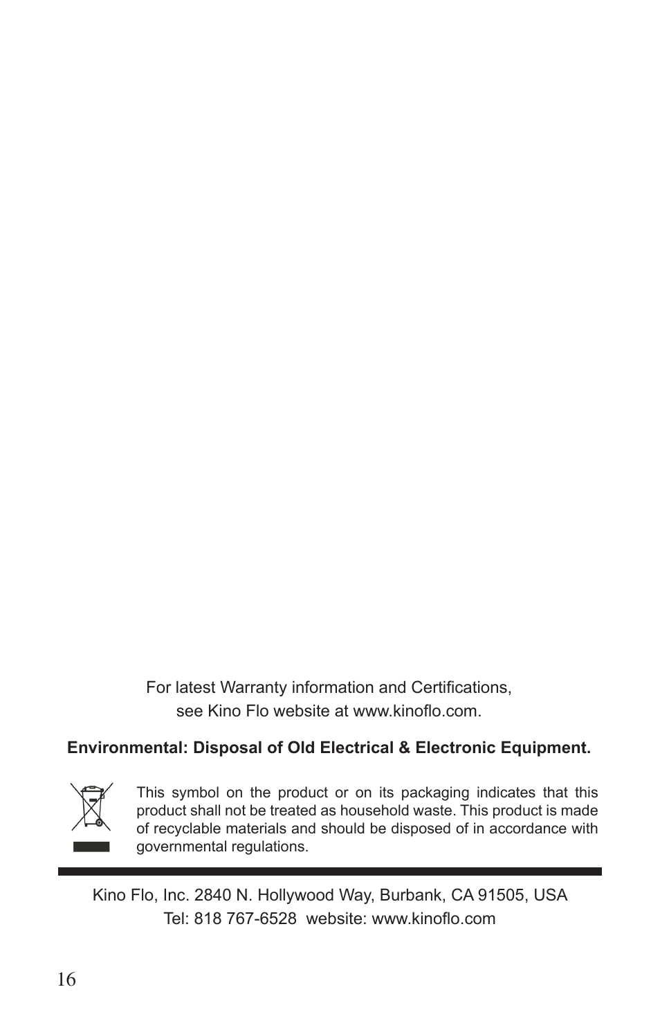 Kino Flo Mega Single User Manual | Page 16 / 16