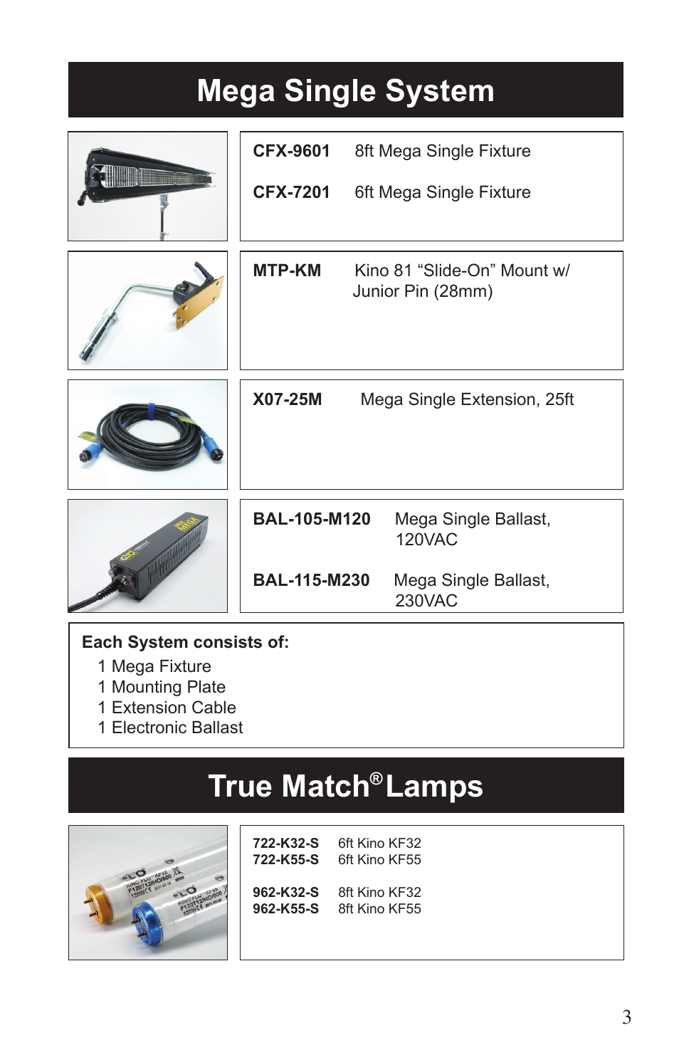 Mega single system, True match, Lamps | Kino Flo Mega Single User Manual | Page 3 / 16
