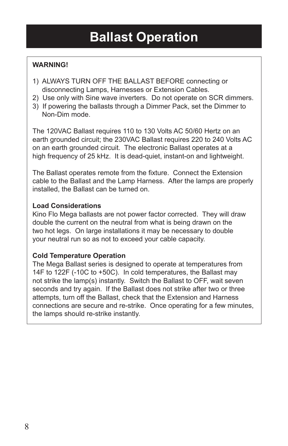 Ballast operation | Kino Flo Mega Single User Manual | Page 8 / 16