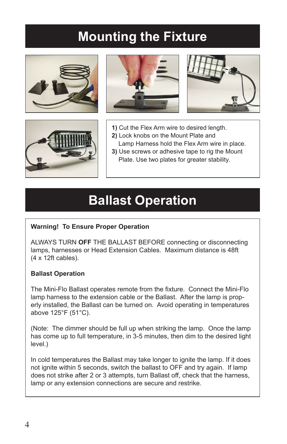 Mounting the fixture ballast operation | Kino Flo Mini Flo 239X User Manual | Page 4 / 8