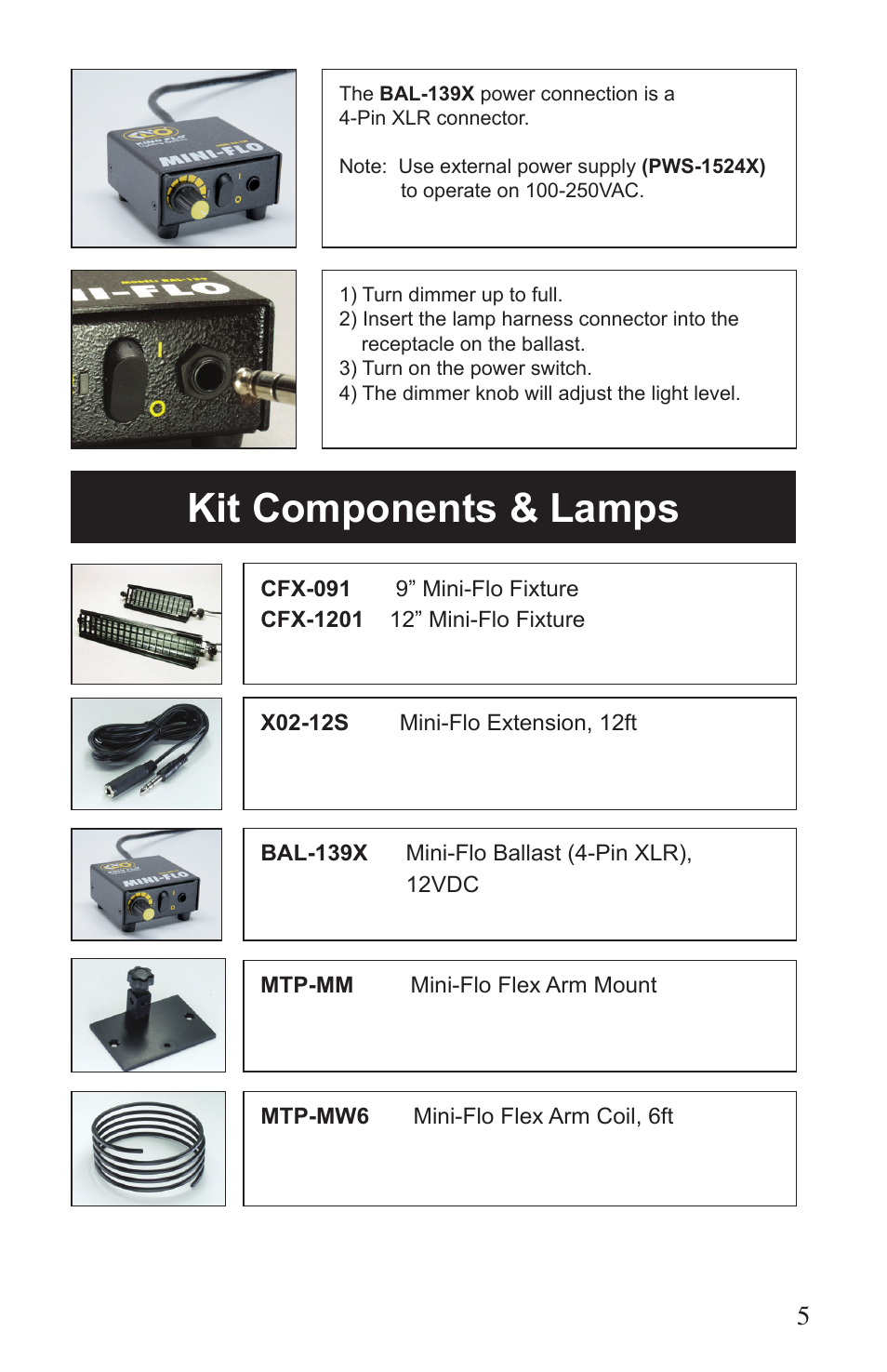 Kit components & lamps | Kino Flo Mini Flo 239X User Manual | Page 5 / 8