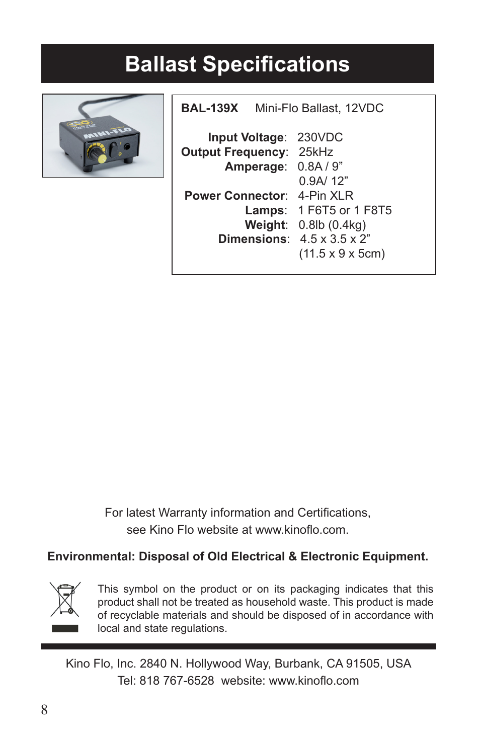 Ballast specifications | Kino Flo Mini Flo 239X User Manual | Page 8 / 8