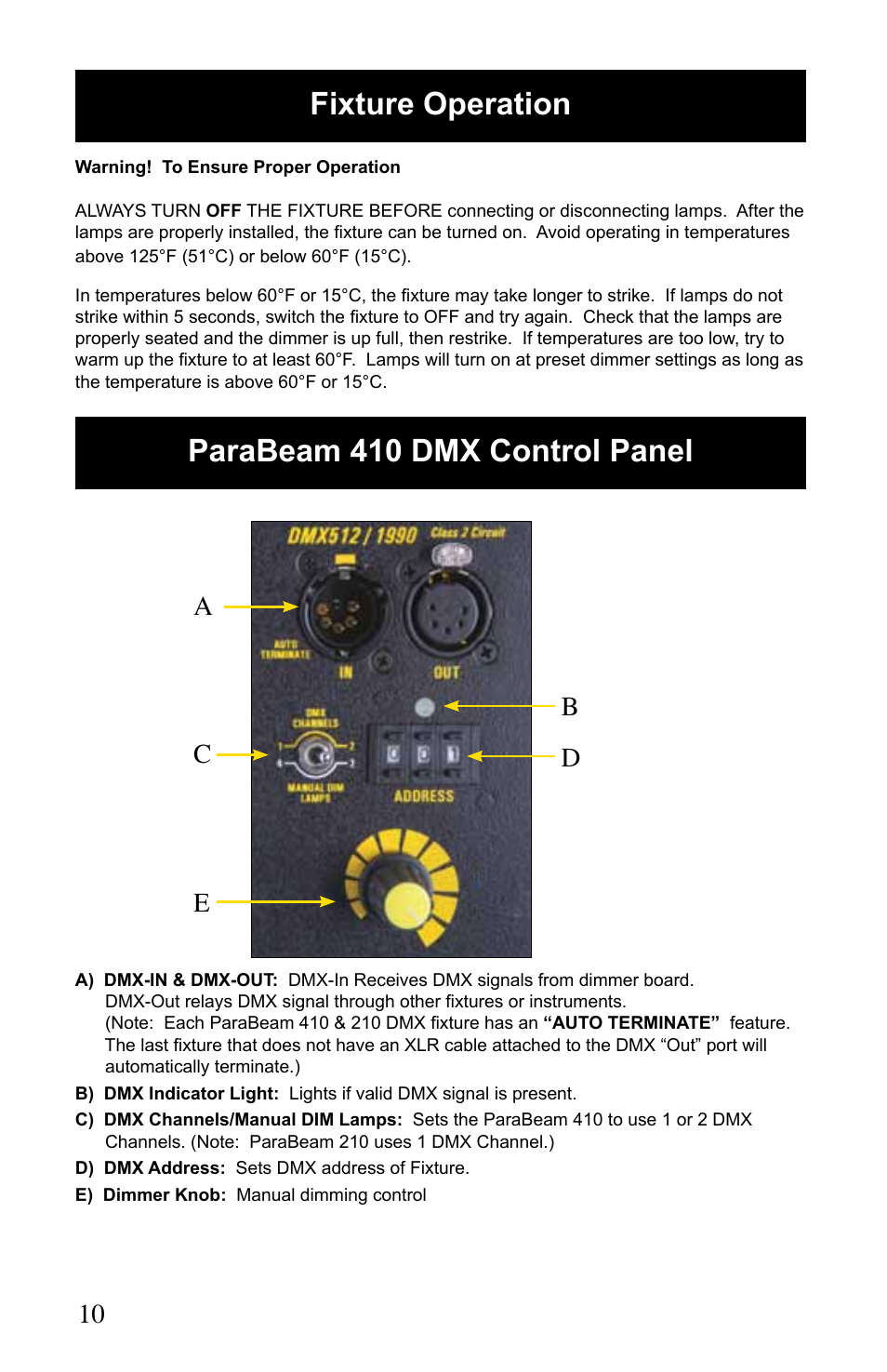 Fixture operation parabeam 410 dmx control panel, Ab c d e | Kino Flo ParaBeam 400/200 DMX User Manual | Page 10 / 20