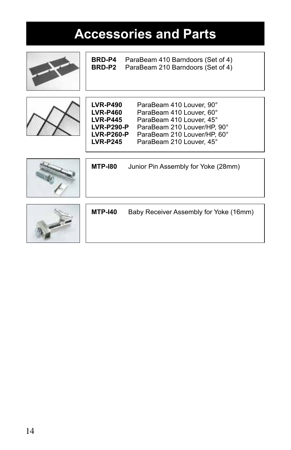 Accessories and parts | Kino Flo ParaBeam 400/200 DMX User Manual | Page 14 / 20