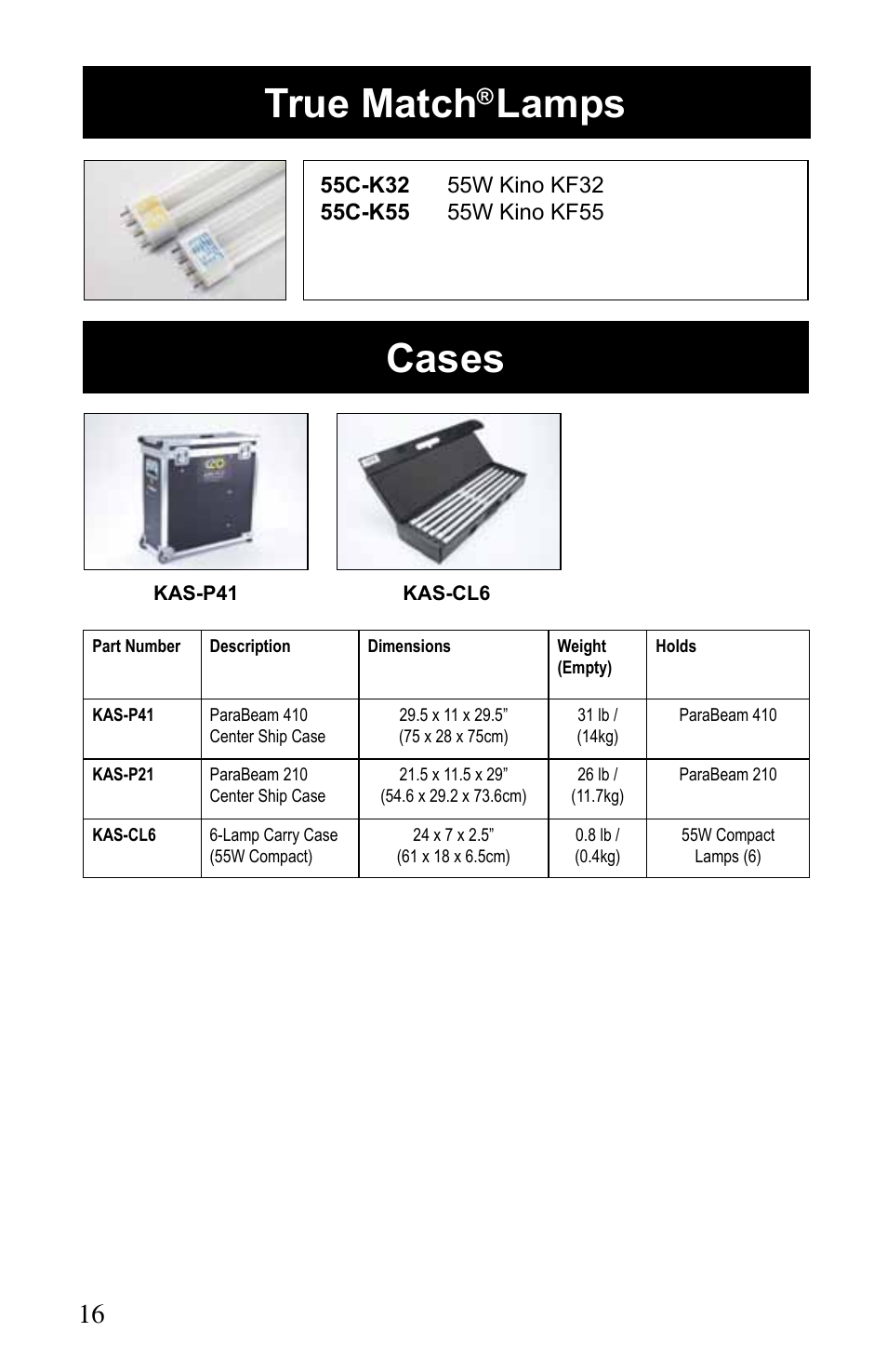 Cases, True match, Lamps | Kino Flo ParaBeam 400/200 DMX User Manual | Page 16 / 20