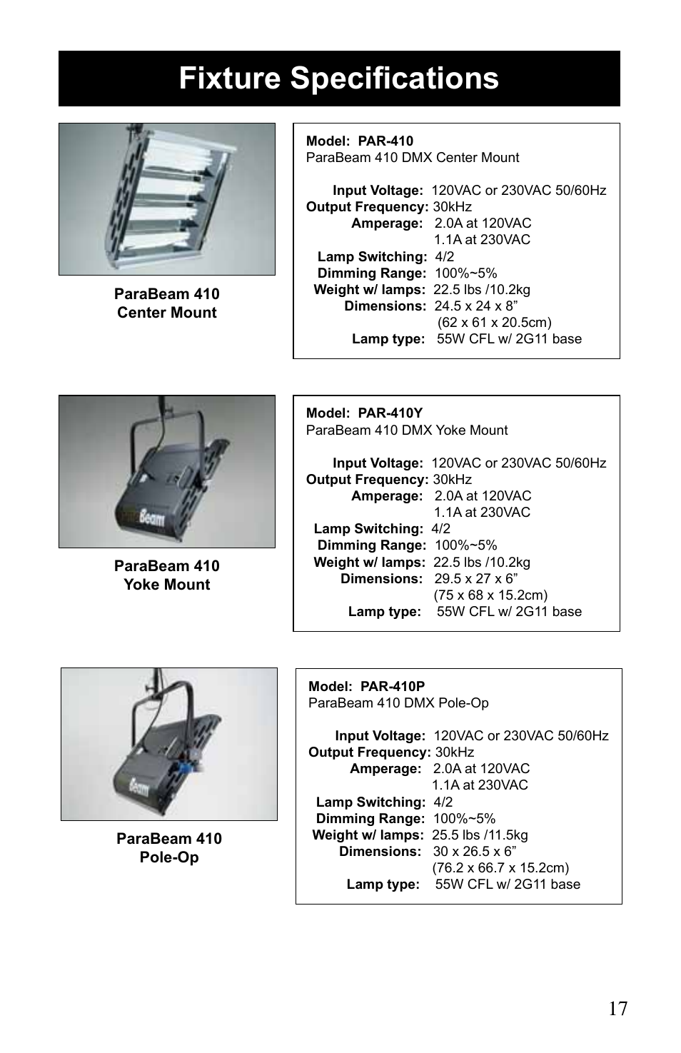 Fixture specifications | Kino Flo ParaBeam 400/200 DMX User Manual | Page 17 / 20