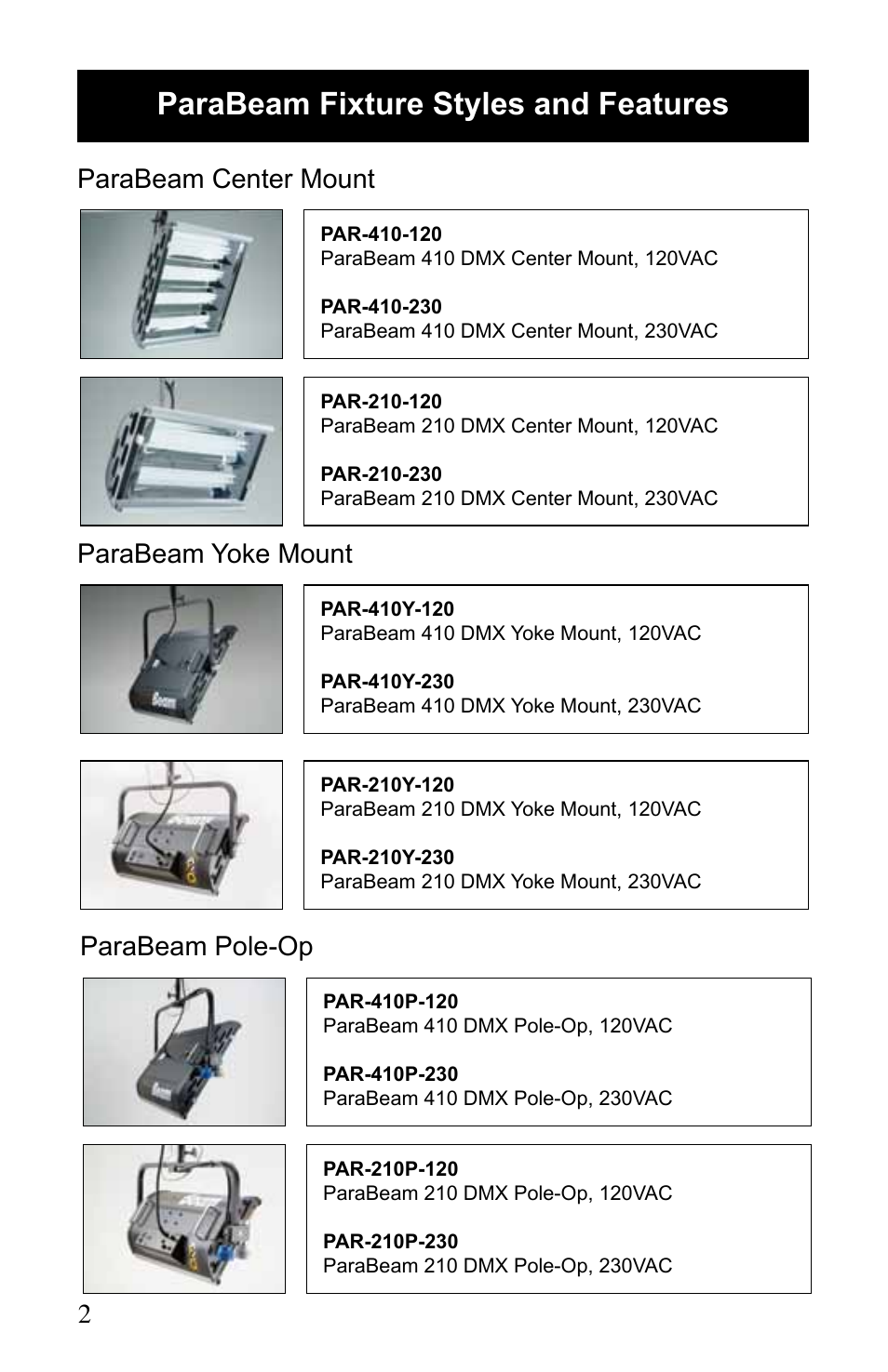Parabeam fixture styles and features | Kino Flo ParaBeam 400/200 DMX User Manual | Page 2 / 20