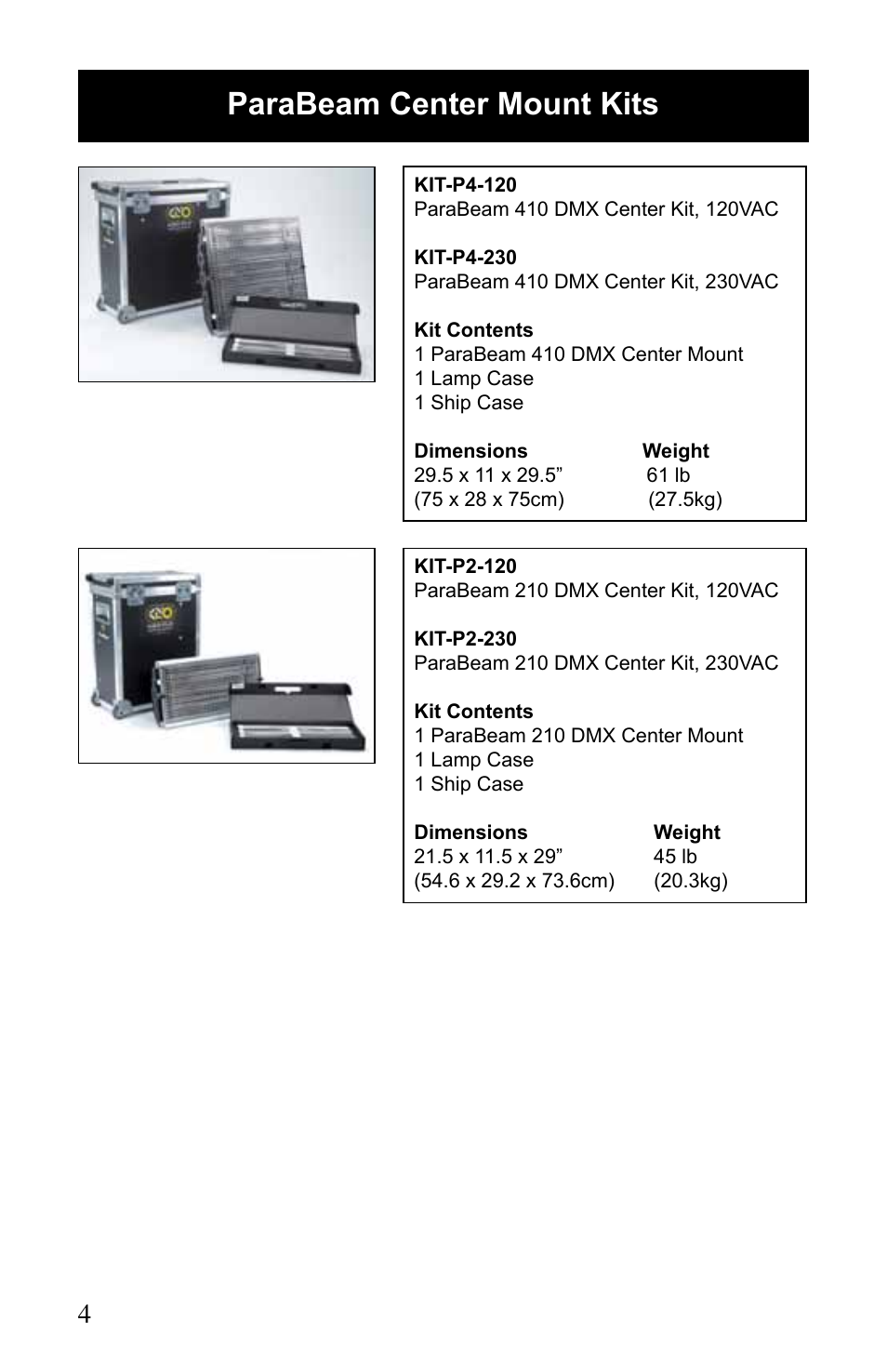 Parabeam center mount kits | Kino Flo ParaBeam 400/200 DMX User Manual | Page 4 / 20