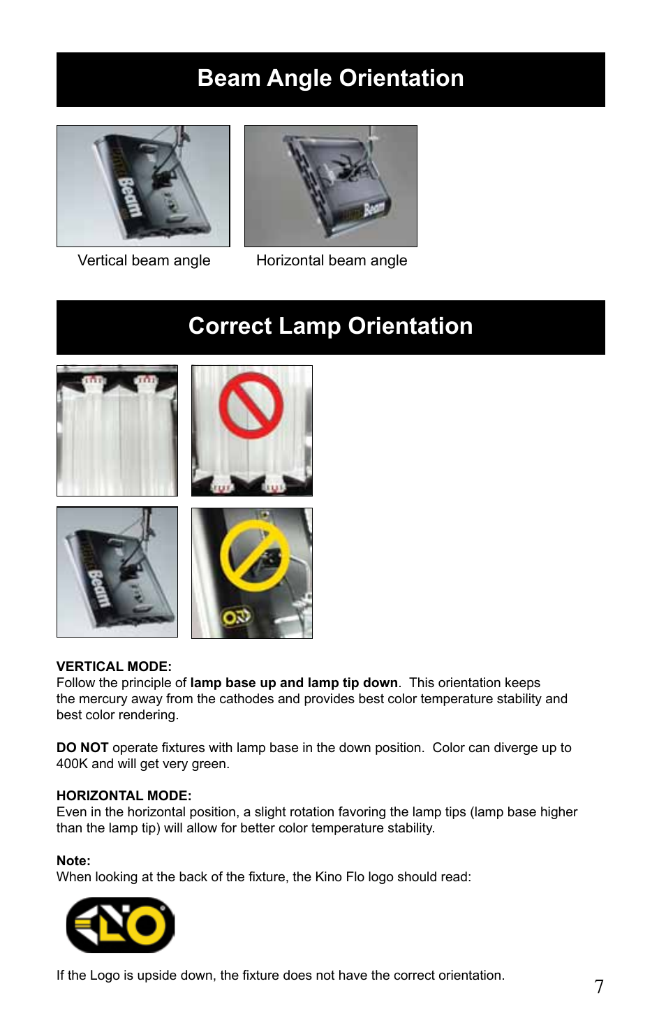 Beam angle orientation correct lamp orientation | Kino Flo ParaBeam 400/200 DMX User Manual | Page 7 / 20