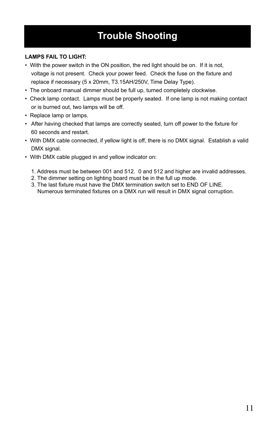 Trouble shooting | Kino Flo ParaZip 400/200 DMX User Manual | Page 11 / 16
