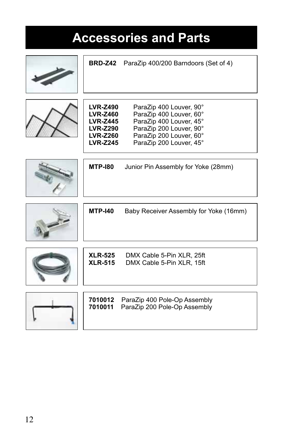 Accessories and parts | Kino Flo ParaZip 400/200 DMX User Manual | Page 12 / 16