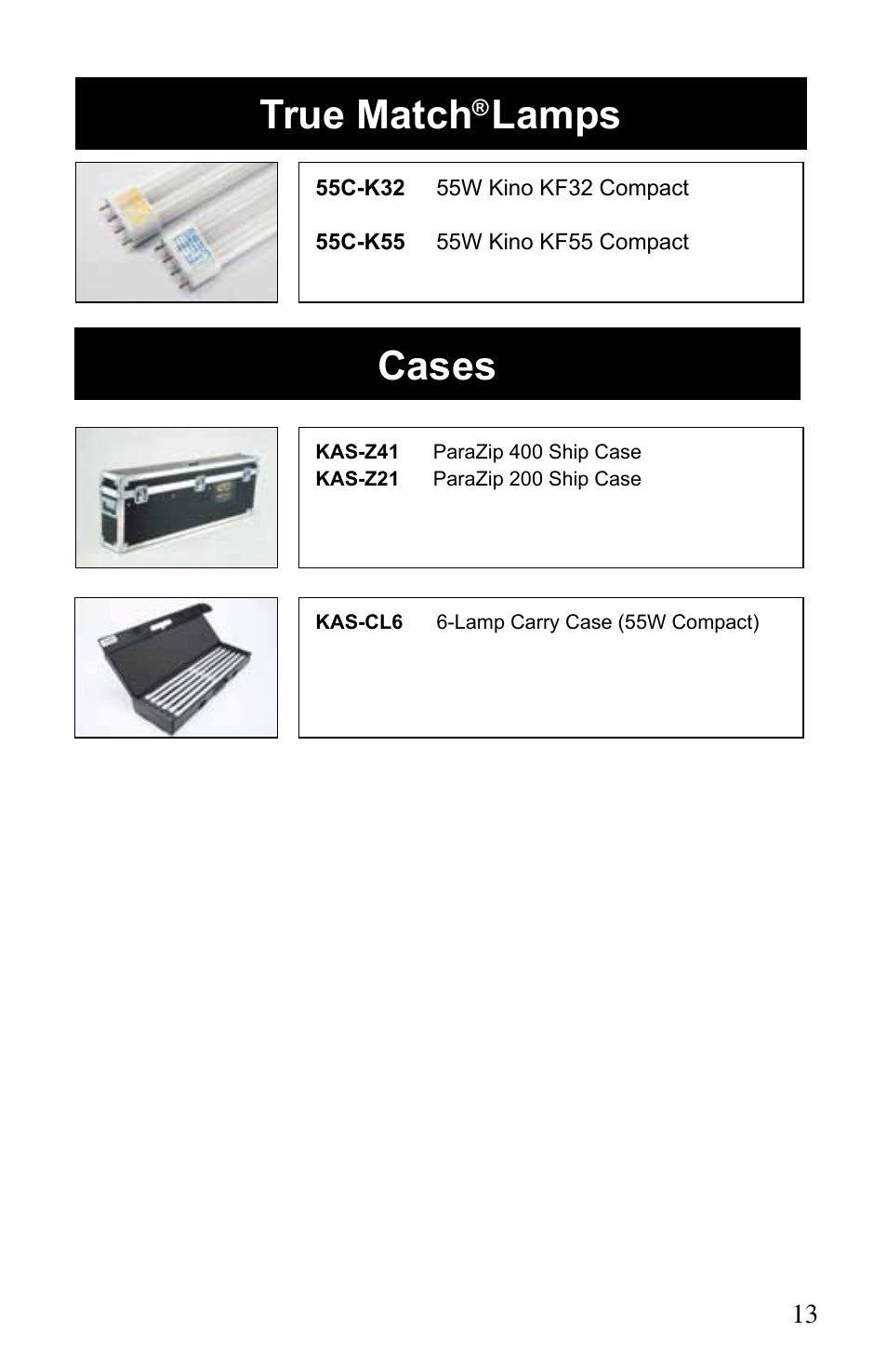 True match, Lamps, Cases | Kino Flo ParaZip 400/200 DMX User Manual | Page 13 / 16
