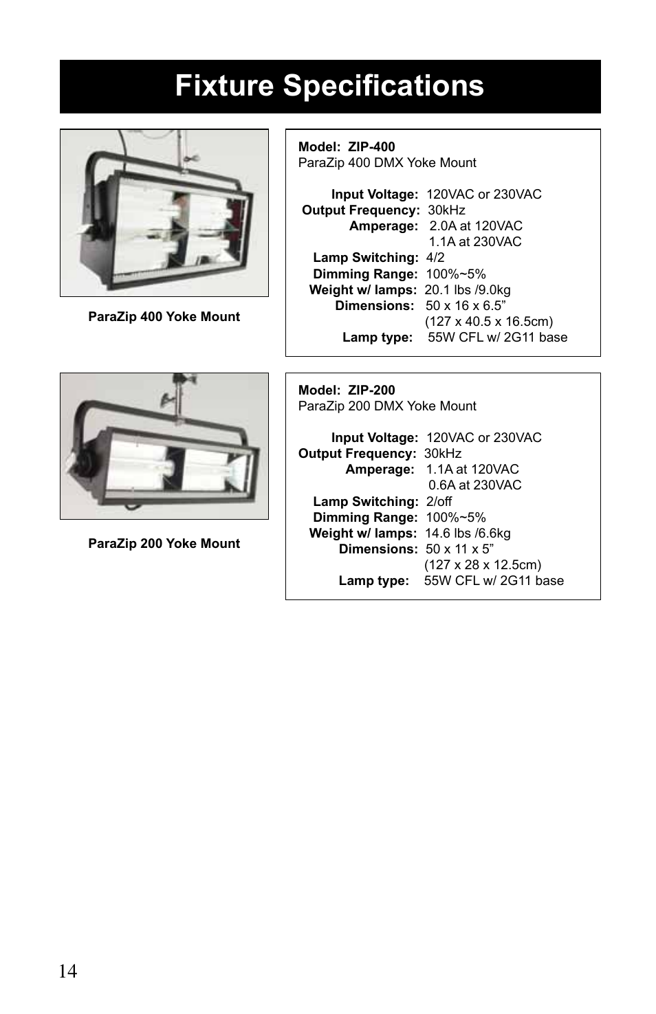 Fixture specifications | Kino Flo ParaZip 400/200 DMX User Manual | Page 14 / 16