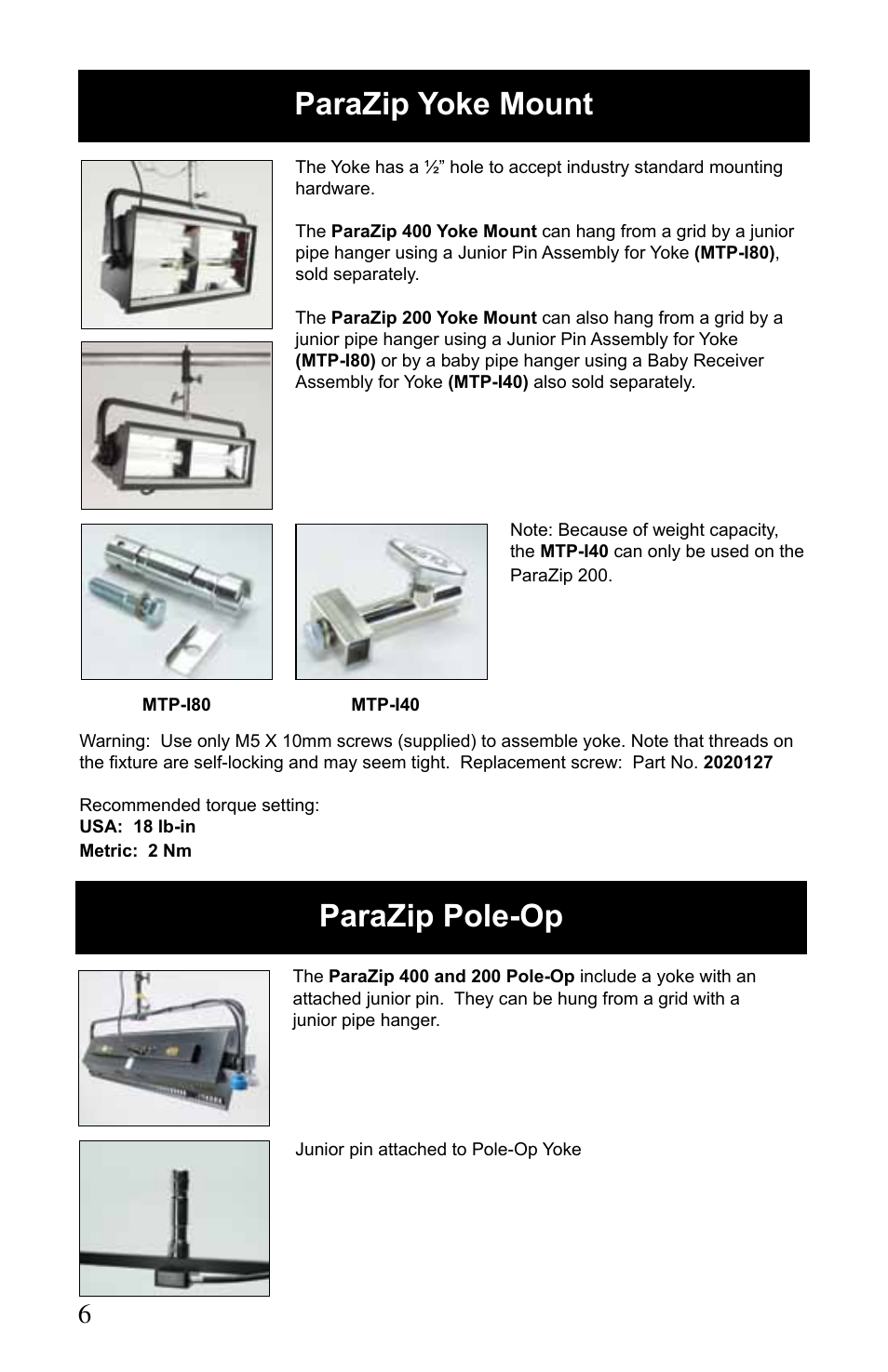Parazip yoke mount, Parazip pole-op | Kino Flo ParaZip 400/200 DMX User Manual | Page 6 / 16