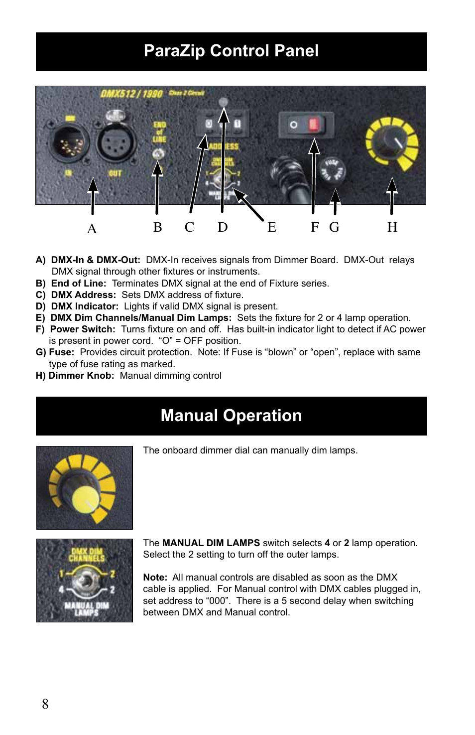 Parazip control panel, Manual operation | Kino Flo ParaZip 400/200 DMX User Manual | Page 8 / 16