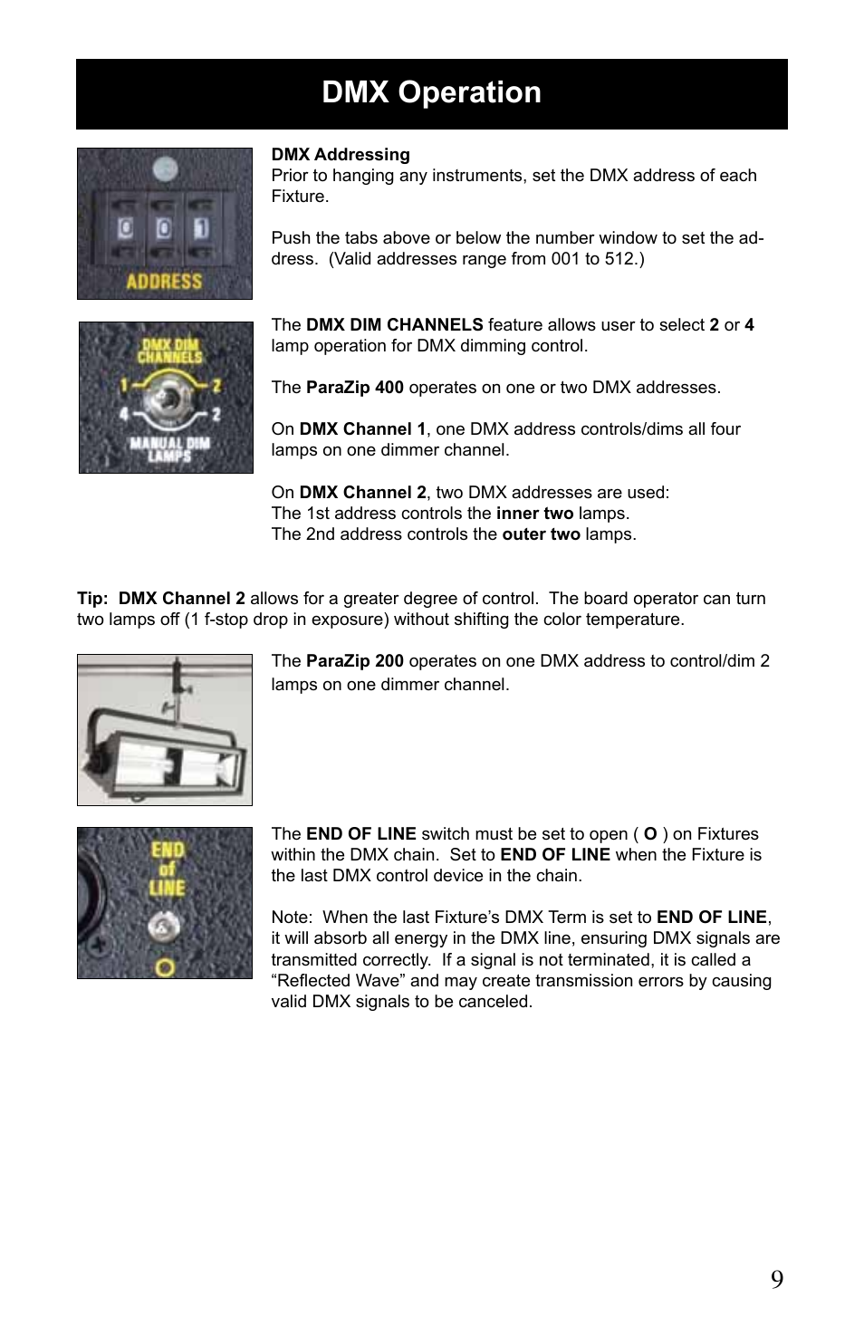 Dmx operation | Kino Flo ParaZip 400/200 DMX User Manual | Page 9 / 16