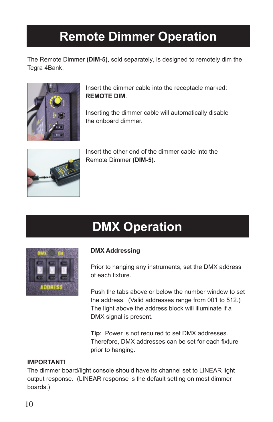 Remote dimmer operation, Dmx operation | Kino Flo Tegra 4Bank DMX (TEG-450) User Manual | Page 10 / 16
