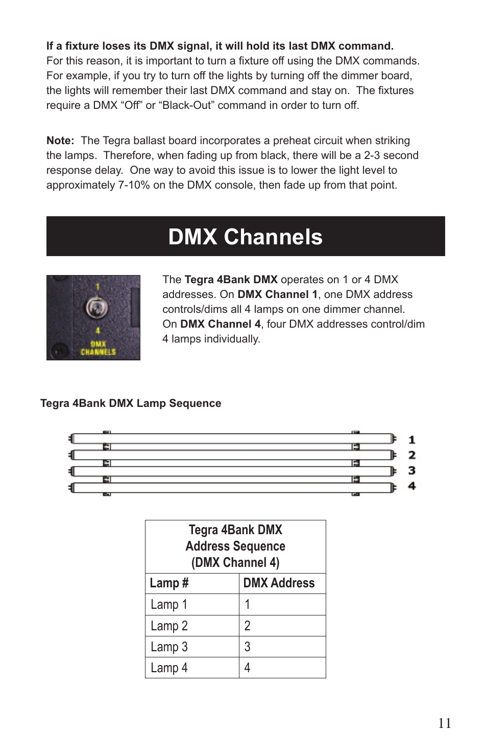 Dmx channels | Kino Flo Tegra 4Bank DMX (TEG-450) User Manual | Page 11 / 16