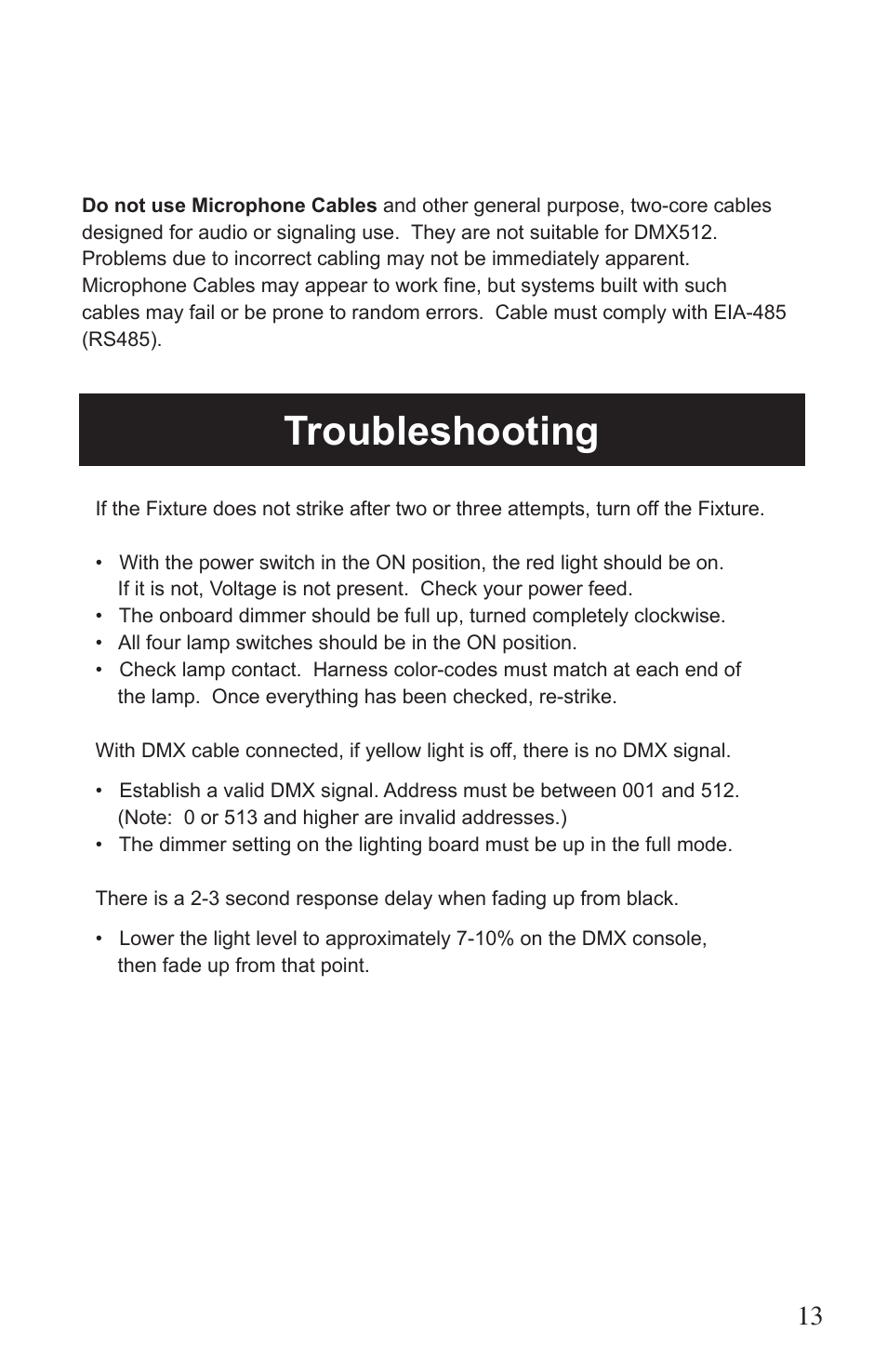 Troubleshooting | Kino Flo Tegra 4Bank DMX (TEG-450) User Manual | Page 13 / 16