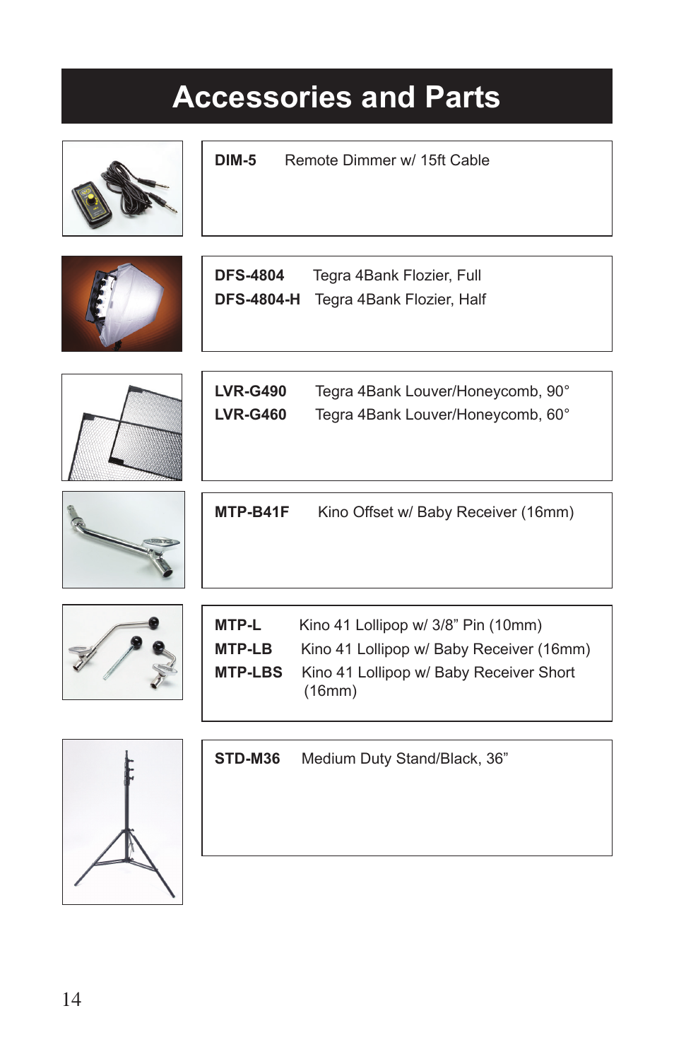 Accessories and parts | Kino Flo Tegra 4Bank DMX (TEG-450) User Manual | Page 14 / 16