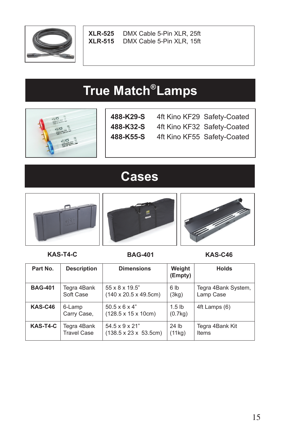 Cases, True match, Lamps | Kino Flo Tegra 4Bank DMX (TEG-450) User Manual | Page 15 / 16