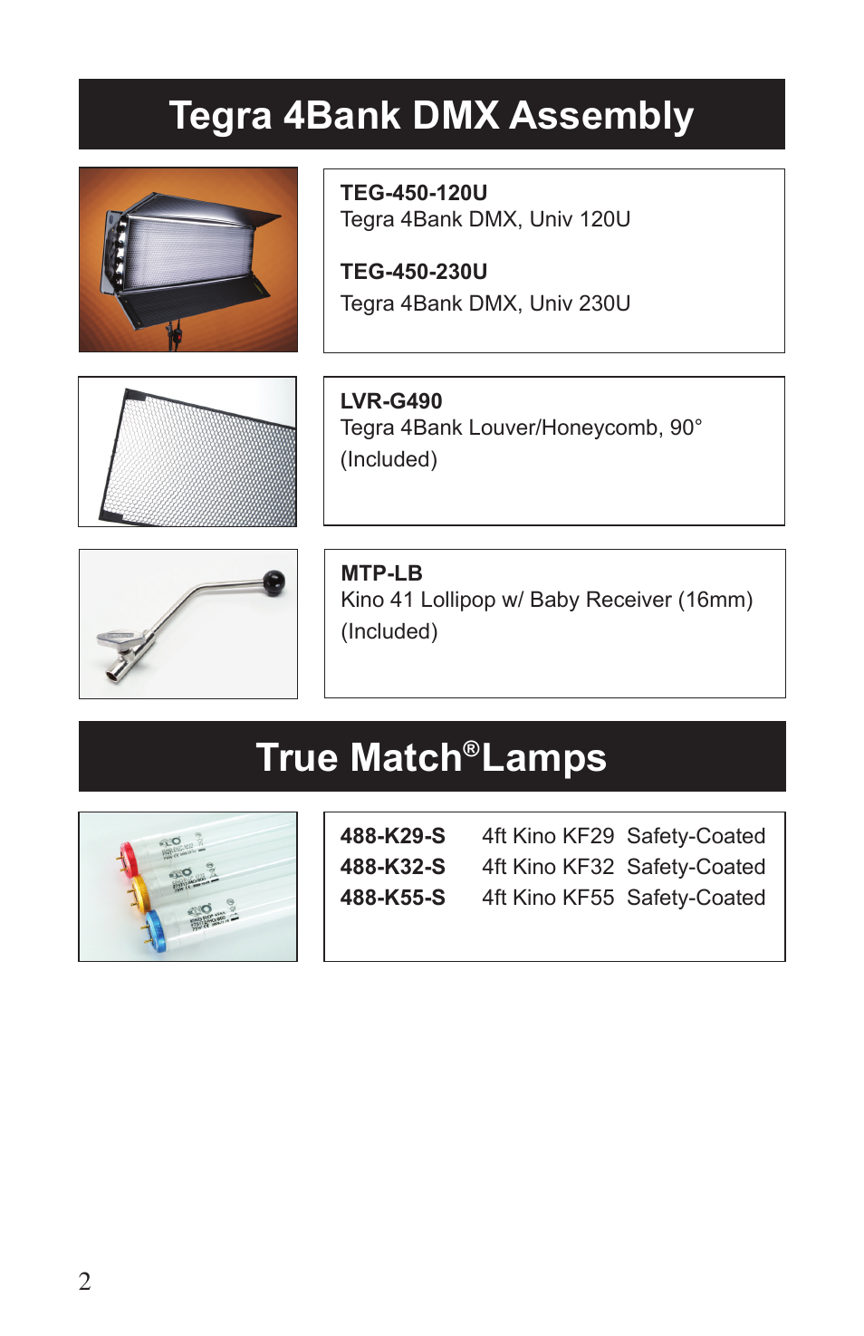 Tegra 4bank dmx assembly true match, Lamps | Kino Flo Tegra 4Bank DMX (TEG-450) User Manual | Page 2 / 16