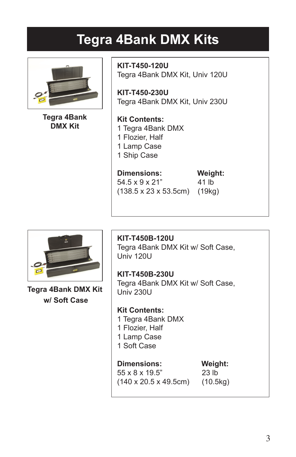 Tegra 4bank dmx kits | Kino Flo Tegra 4Bank DMX (TEG-450) User Manual | Page 3 / 16