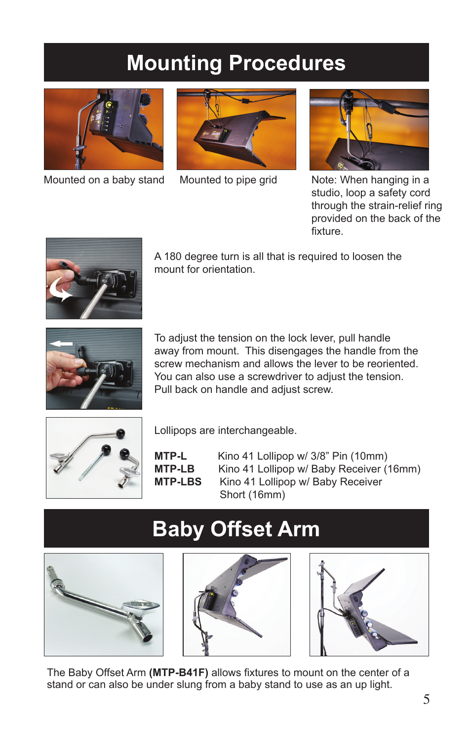 Mounting procedures baby offset arm | Kino Flo Tegra 4Bank DMX (TEG-450) User Manual | Page 5 / 16