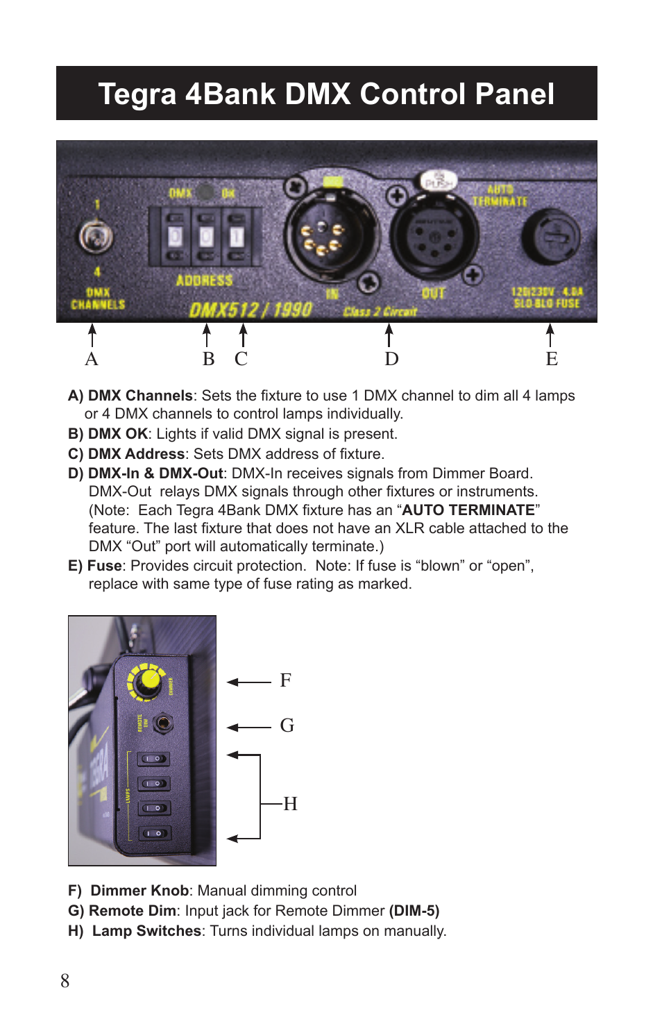 Tegra 4bank dmx control panel | Kino Flo Tegra 4Bank DMX (TEG-450) User Manual | Page 8 / 16