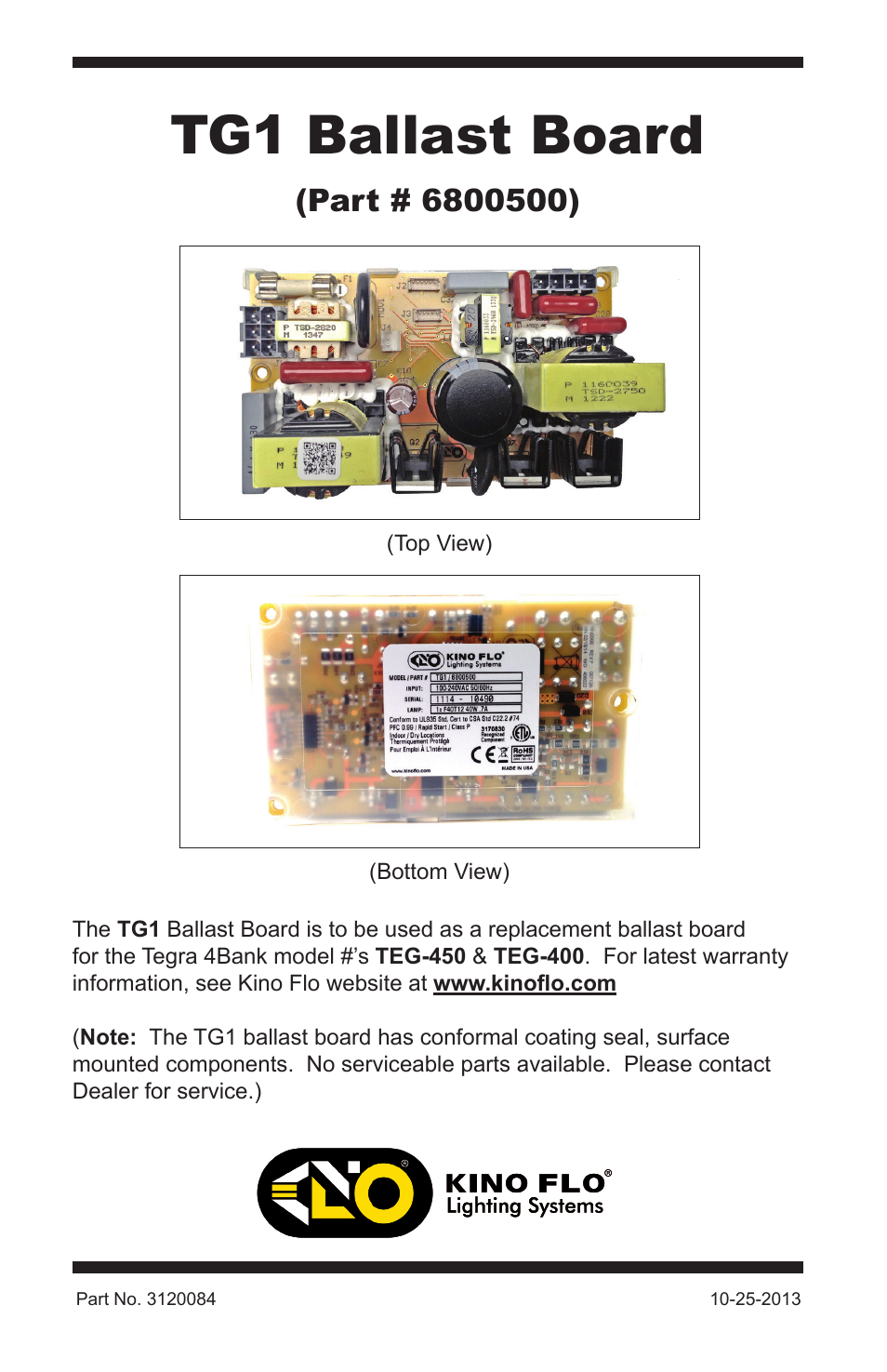 Kino Flo TG1 Ballast Board User Manual | 4 pages