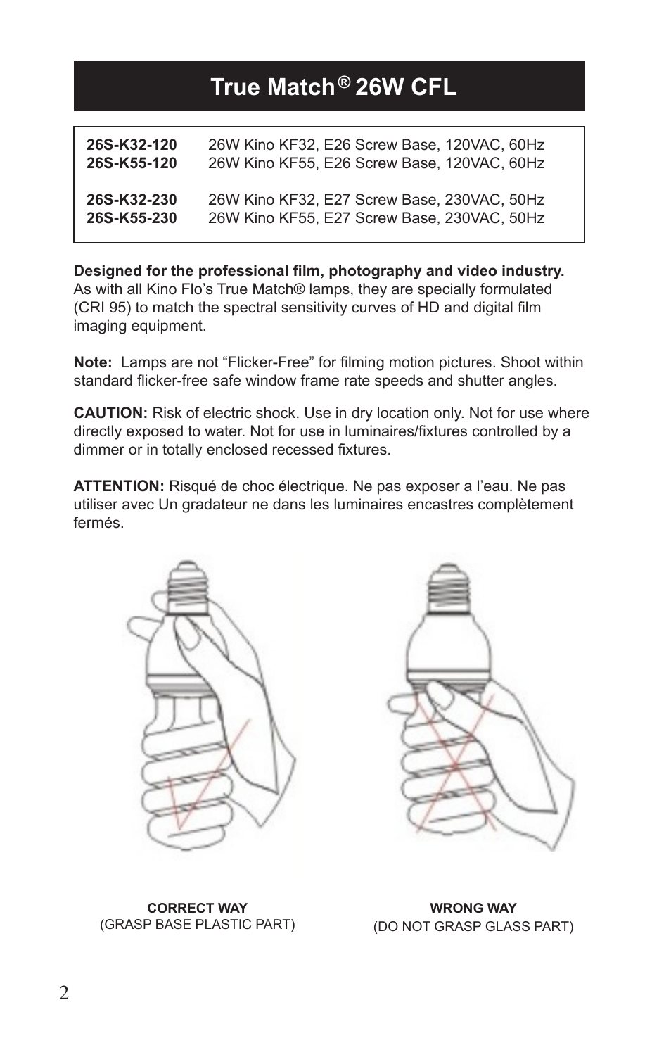 True match 26w cfl | Kino Flo True Match 26W CFL User Manual | Page 2 / 4