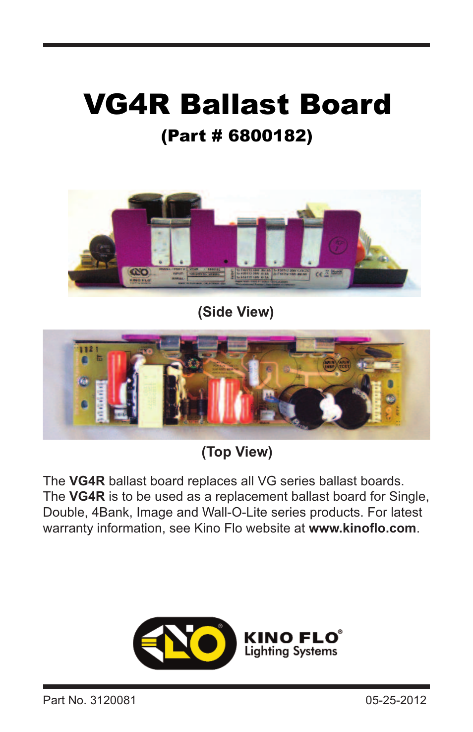 Kino Flo VG4R Ballast Board User Manual | 4 pages